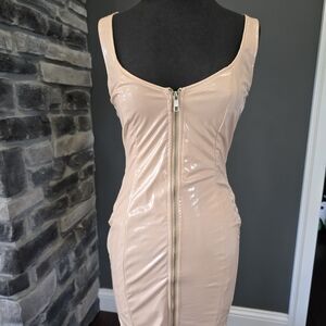 Fashion Nova Nude Patent Zip-Front Dress